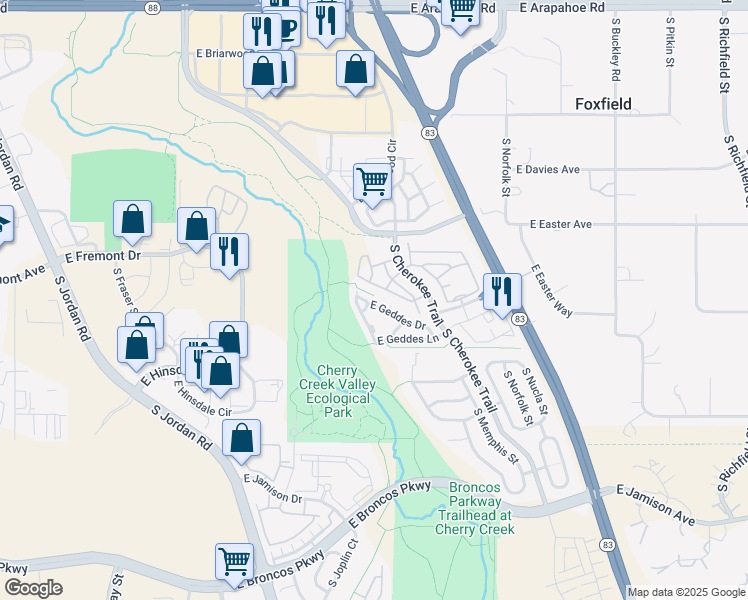 map of restaurants, bars, coffee shops, grocery stores, and more near 16033 East Geddes Drive in Aurora