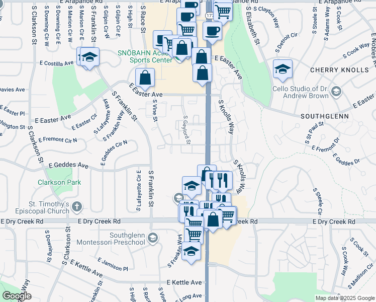 map of restaurants, bars, coffee shops, grocery stores, and more near 2220 East Geddes Avenue in Centennial