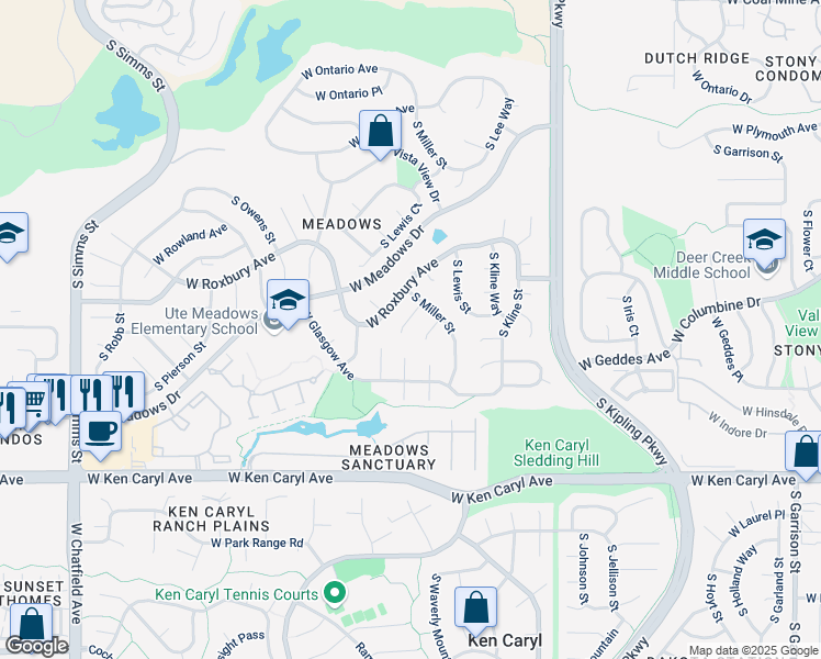 map of restaurants, bars, coffee shops, grocery stores, and more near 10441 West Frost Place in Littleton