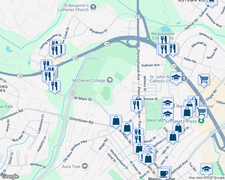 map of restaurants, bars, coffee shops, grocery stores, and more near 2 College Hill in Westminster
