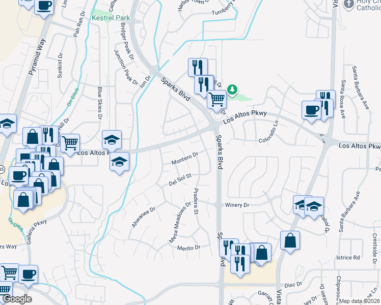 map of restaurants, bars, coffee shops, grocery stores, and more near 5054 Kiva Court in Sparks