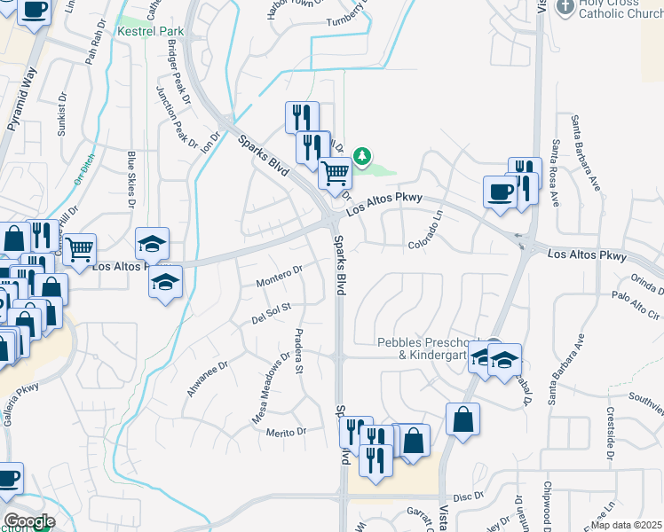 map of restaurants, bars, coffee shops, grocery stores, and more near 1099 Montero Court in Sparks