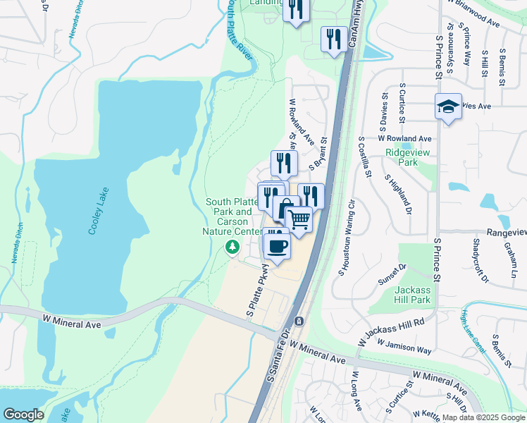 map of restaurants, bars, coffee shops, grocery stores, and more near 7323 South Platte Parkway in Littleton