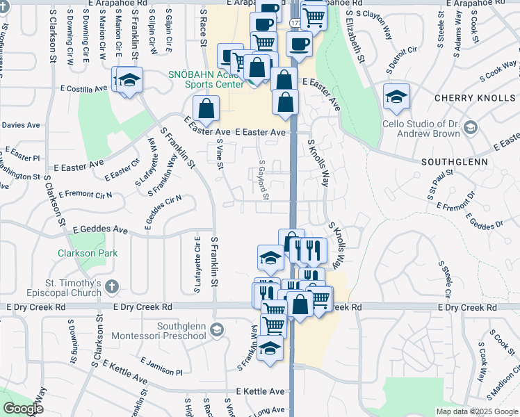 map of restaurants, bars, coffee shops, grocery stores, and more near 2220 East Geddes Avenue in Centennial