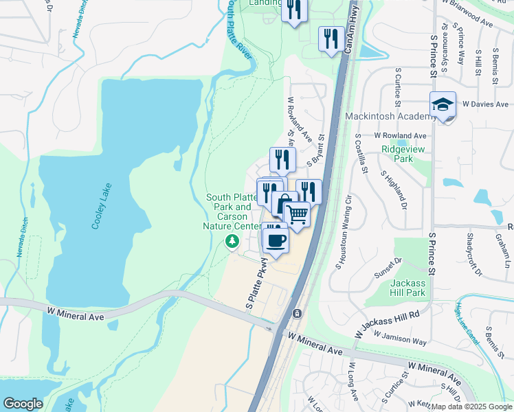map of restaurants, bars, coffee shops, grocery stores, and more near 7323 South Platte River Parkway in Littleton