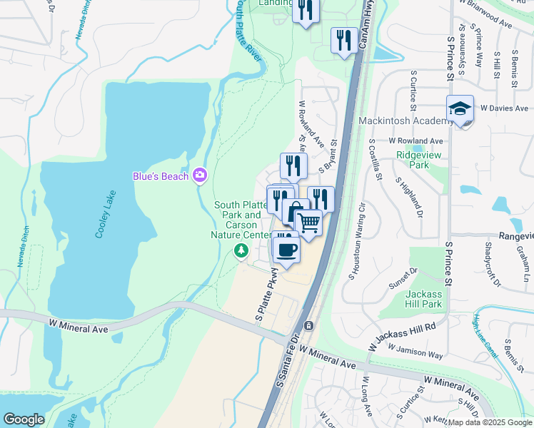 map of restaurants, bars, coffee shops, grocery stores, and more near 7323 South Platte River Parkway in Littleton