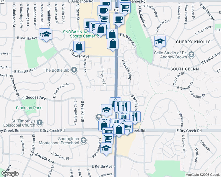 map of restaurants, bars, coffee shops, grocery stores, and more near 2340 East Geddes Avenue in Centennial