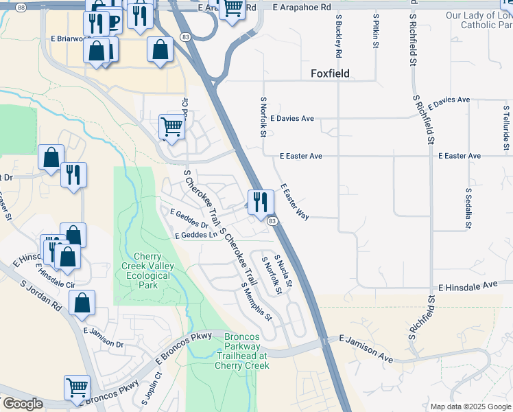 map of restaurants, bars, coffee shops, grocery stores, and more near 16380 East Fremont Avenue in Aurora
