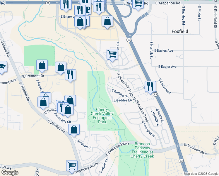 map of restaurants, bars, coffee shops, grocery stores, and more near 15962 East Geddes Lane in Aurora