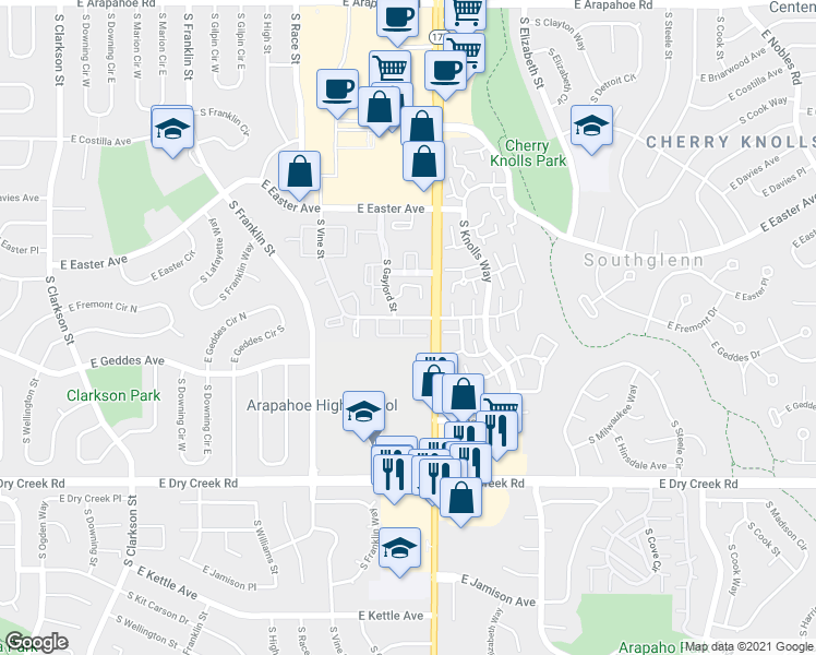 map of restaurants, bars, coffee shops, grocery stores, and more near 2350 East Geddes Avenue in Centennial