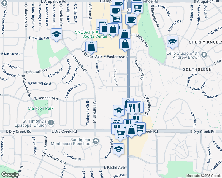 map of restaurants, bars, coffee shops, grocery stores, and more near 2220 East Geddes Avenue in Centennial