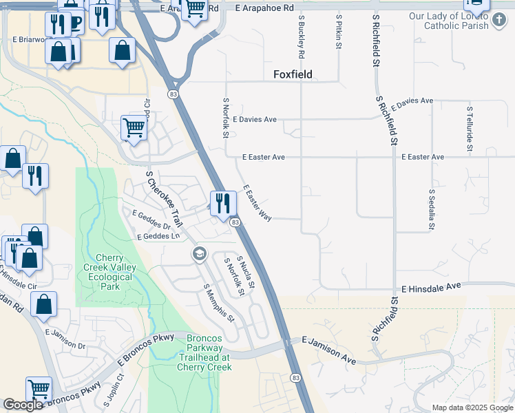 map of restaurants, bars, coffee shops, grocery stores, and more near 7320 South Parker Road in Foxfield