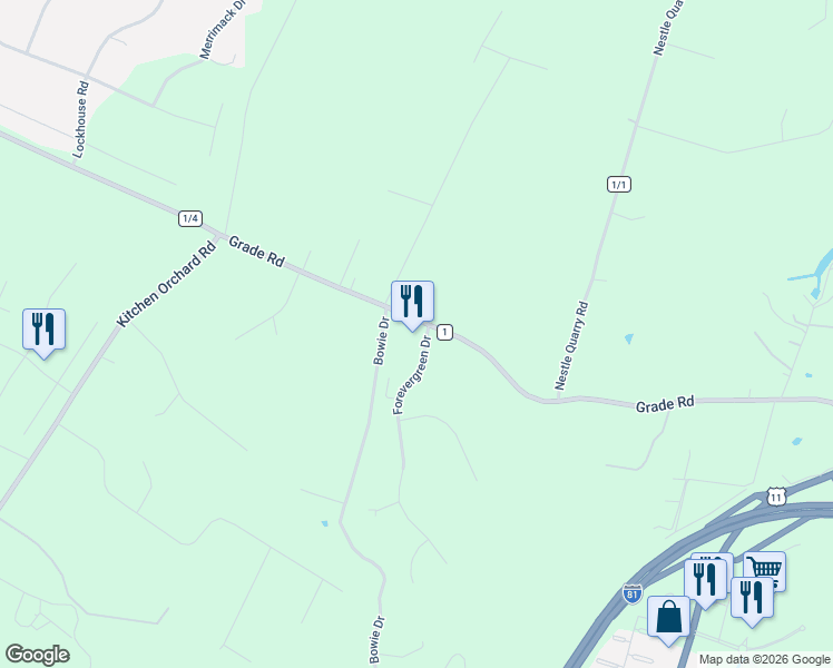 map of restaurants, bars, coffee shops, grocery stores, and more near 24 Forevergreen Drive in Falling Waters