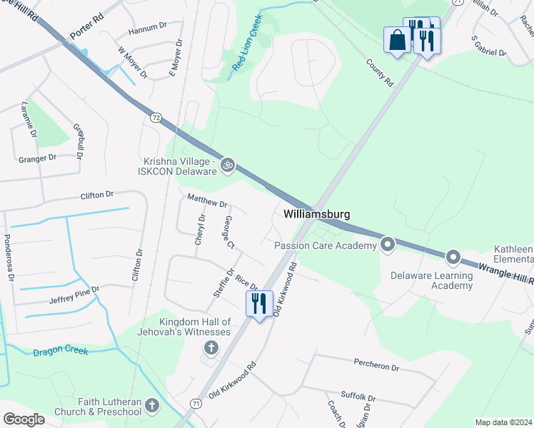 map of restaurants, bars, coffee shops, grocery stores, and more near 24 Jester Street in Bear