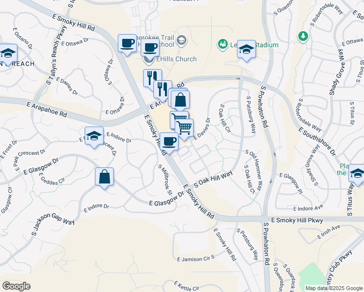 map of restaurants, bars, coffee shops, grocery stores, and more near 7281 South Millbrook Court in Aurora