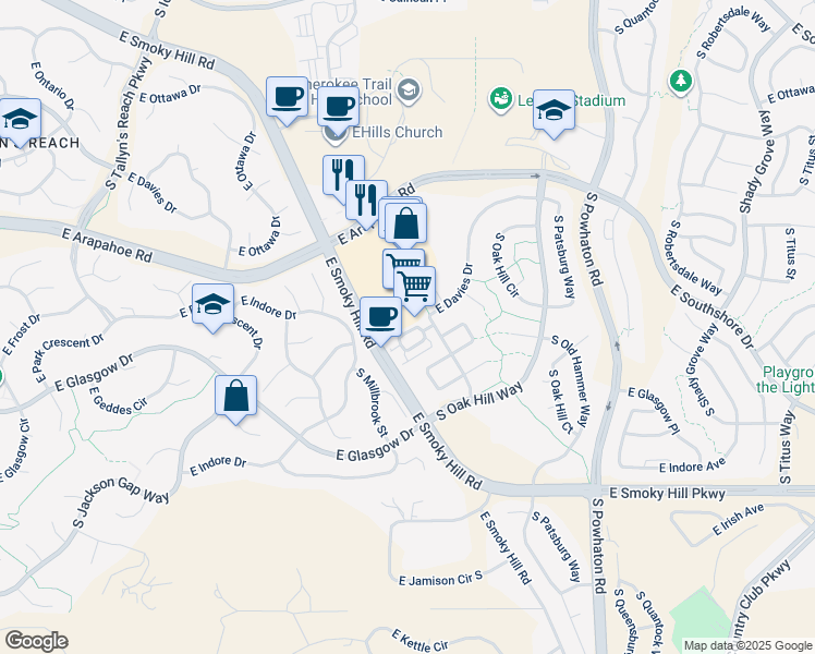 map of restaurants, bars, coffee shops, grocery stores, and more near 7281 South Millbrook Court in Aurora