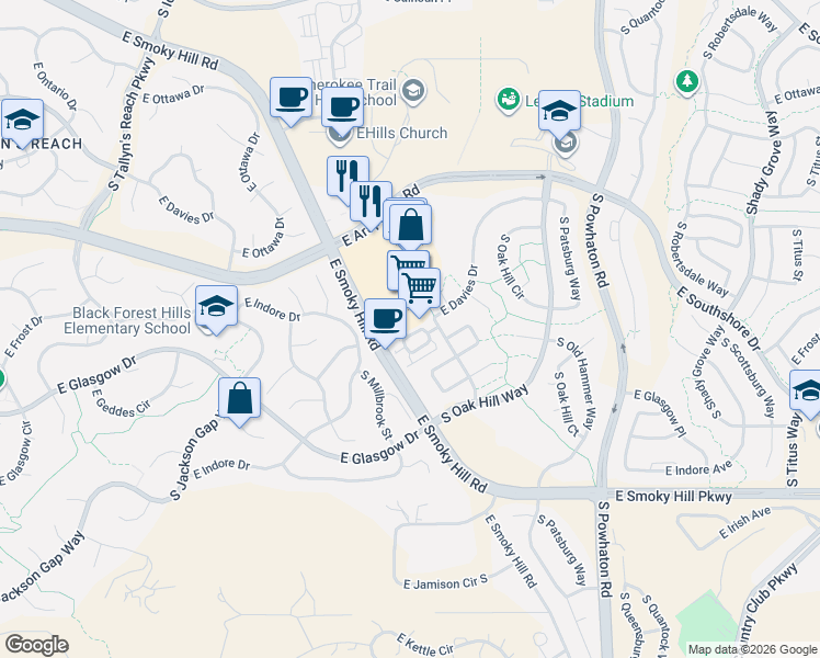 map of restaurants, bars, coffee shops, grocery stores, and more near 7283 South Millbrook Court in Aurora