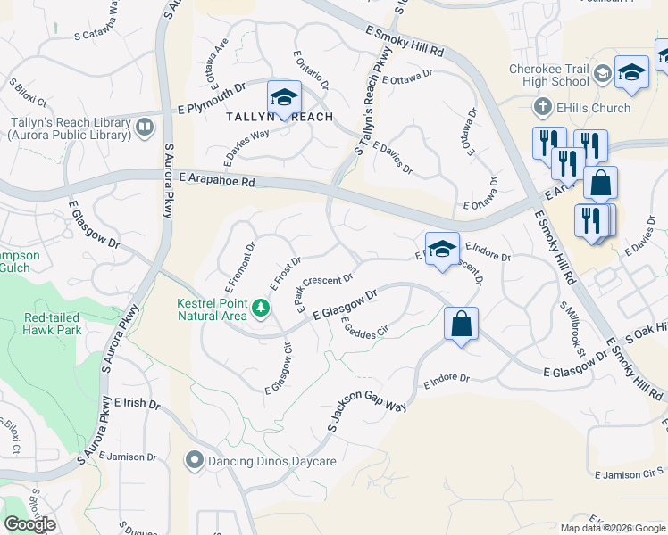 map of restaurants, bars, coffee shops, grocery stores, and more near 24733 East Park Crescent Drive in Aurora