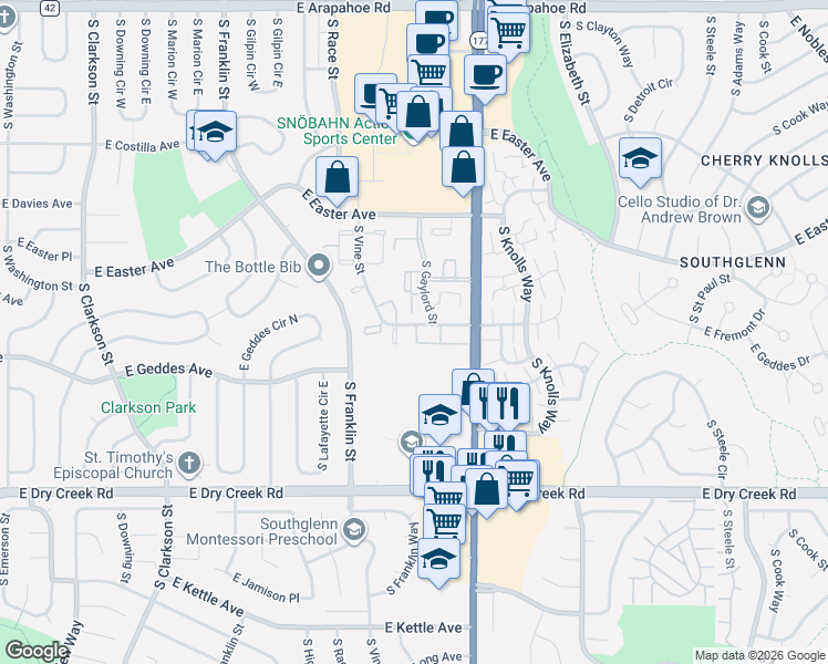 map of restaurants, bars, coffee shops, grocery stores, and more near 2220 East Geddes Avenue in Centennial