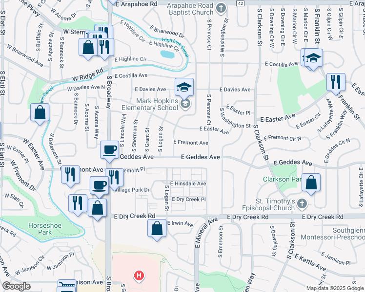 map of restaurants, bars, coffee shops, grocery stores, and more near 621 East Geddes Avenue in Centennial