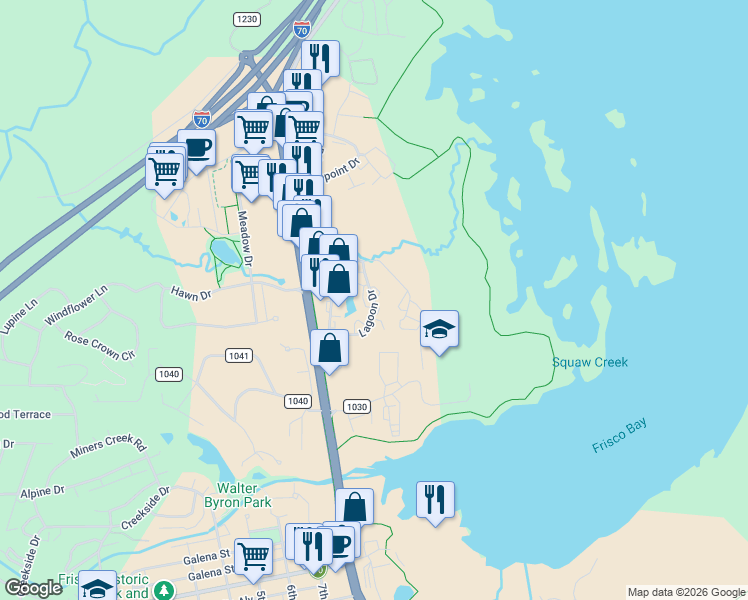 map of restaurants, bars, coffee shops, grocery stores, and more near 734 Lagoon Drive in Breckenridge