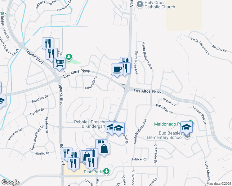 map of restaurants, bars, coffee shops, grocery stores, and more near 1458 Lambrays Court in Sparks