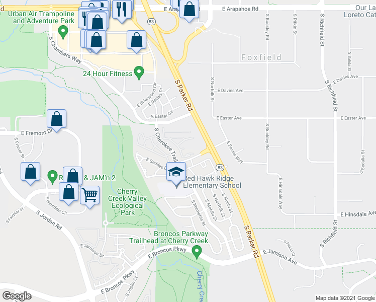 map of restaurants, bars, coffee shops, grocery stores, and more near 16306 East Fremont Avenue in Aurora