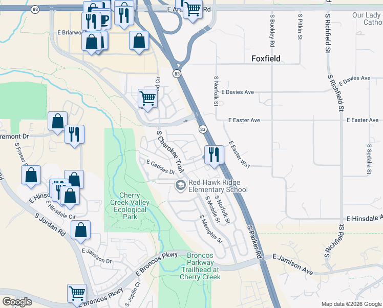 map of restaurants, bars, coffee shops, grocery stores, and more near 16306 East Fremont Avenue in Aurora