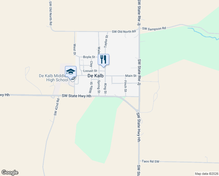 map of restaurants, bars, coffee shops, grocery stores, and more near 300 Southwest State Highway Hh in De Kalb