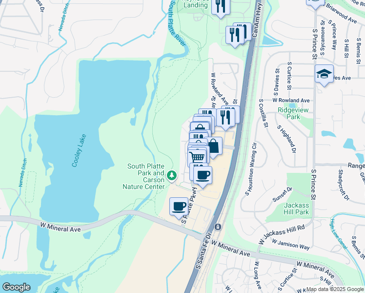 map of restaurants, bars, coffee shops, grocery stores, and more near 7321 South Platte River Parkway in Littleton