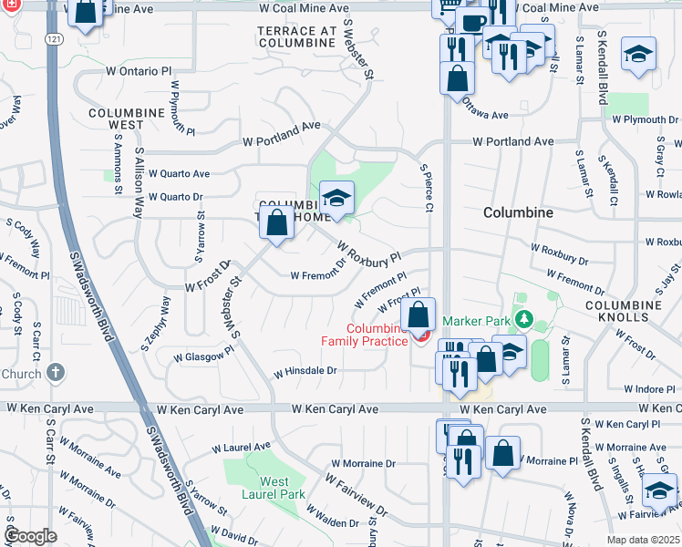 map of restaurants, bars, coffee shops, grocery stores, and more near 7239 West Frost Drive in Littleton