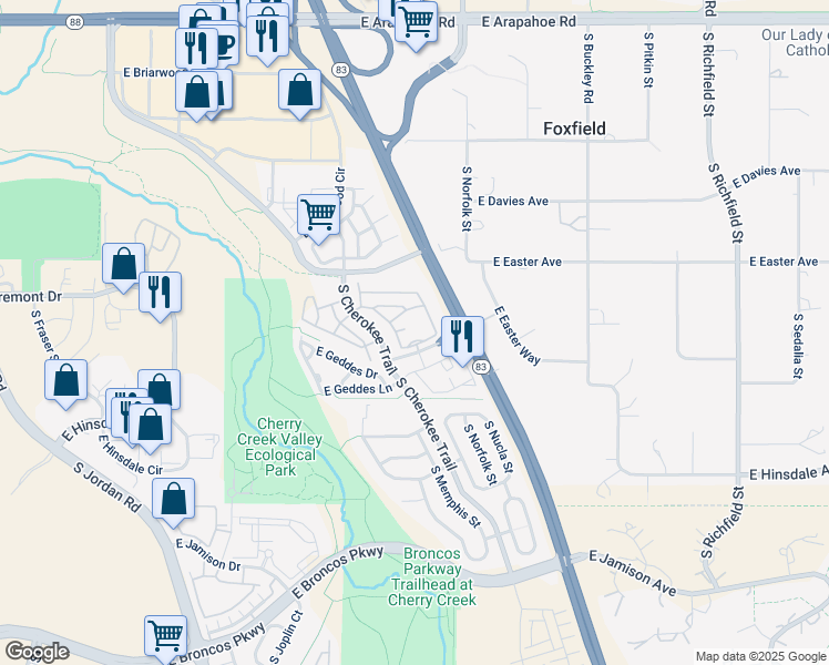 map of restaurants, bars, coffee shops, grocery stores, and more near 16363 East Fremont Avenue in Aurora