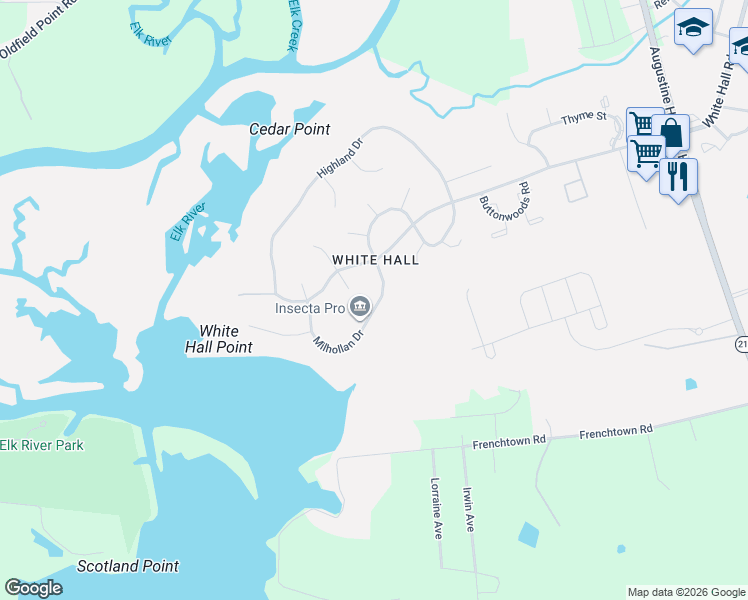 map of restaurants, bars, coffee shops, grocery stores, and more near 110 Milhollan Drive in Elkton