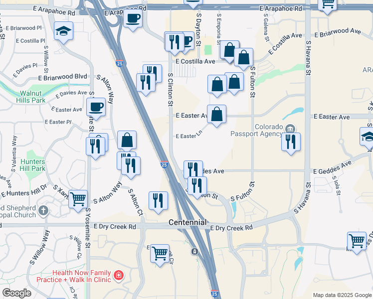 map of restaurants, bars, coffee shops, grocery stores, and more near 9641 East Geddes Avenue in Centennial