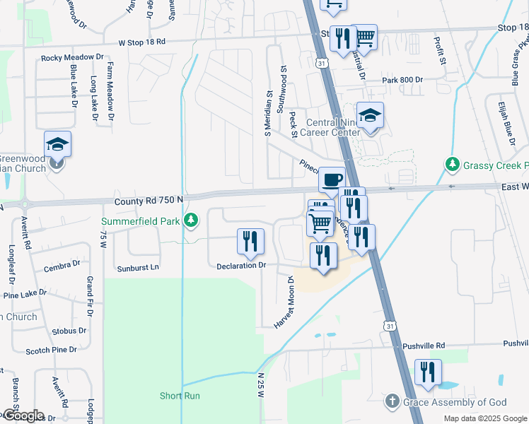 map of restaurants, bars, coffee shops, grocery stores, and more near 39 Snowflake Circle in Greenwood