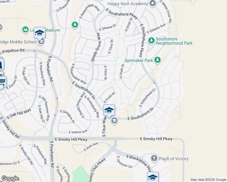 map of restaurants, bars, coffee shops, grocery stores, and more near 27141 East Frost Place in Aurora