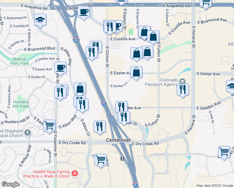 map of restaurants, bars, coffee shops, grocery stores, and more near 9641 East Geddes Avenue in Centennial