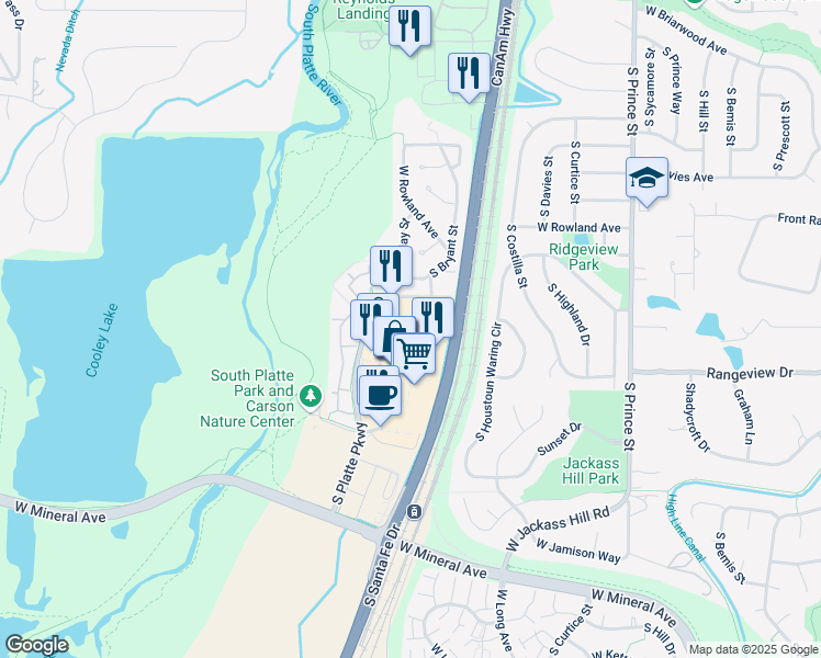 map of restaurants, bars, coffee shops, grocery stores, and more near 7301 South Santa Fe Drive in Littleton