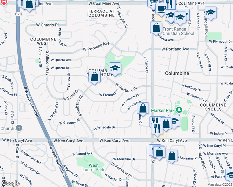 map of restaurants, bars, coffee shops, grocery stores, and more near 7239 West Frost Drive in Littleton