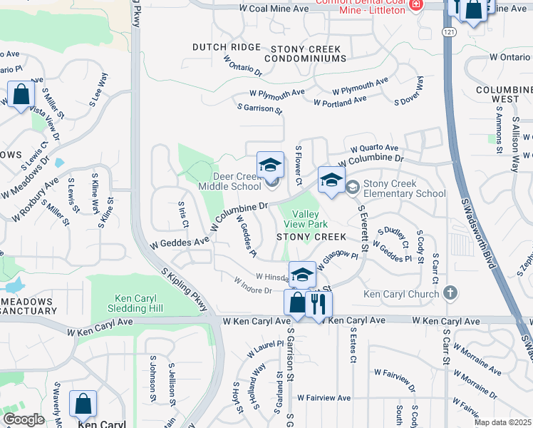 map of restaurants, bars, coffee shops, grocery stores, and more near 7227 South Garrison Court in Littleton