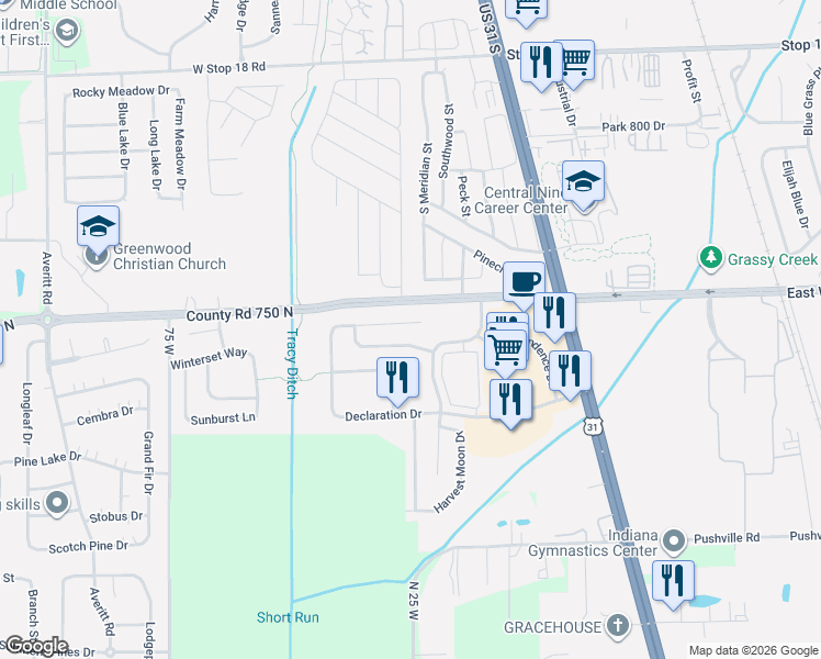 map of restaurants, bars, coffee shops, grocery stores, and more near 2156 Providence Drive in Greenwood