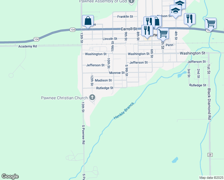 map of restaurants, bars, coffee shops, grocery stores, and more near 1000 Rutledge Street in Pawnee