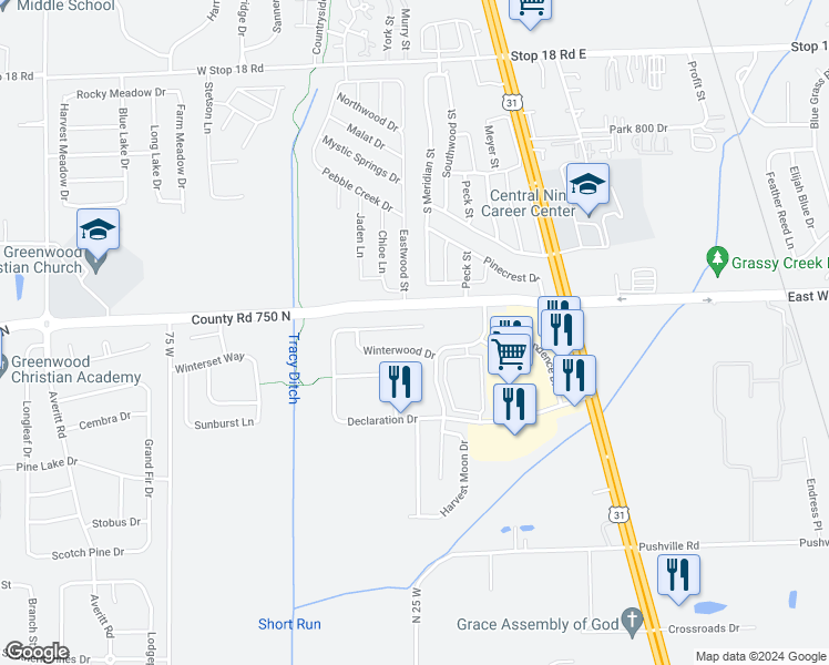 map of restaurants, bars, coffee shops, grocery stores, and more near 55 Snowflake Circle in Greenwood