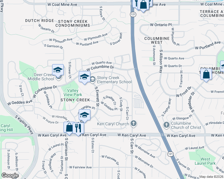 map of restaurants, bars, coffee shops, grocery stores, and more near 7292 South Dudley Court in Littleton