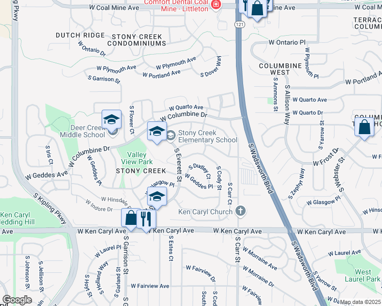 map of restaurants, bars, coffee shops, grocery stores, and more near 8892 West Frost Avenue in Littleton