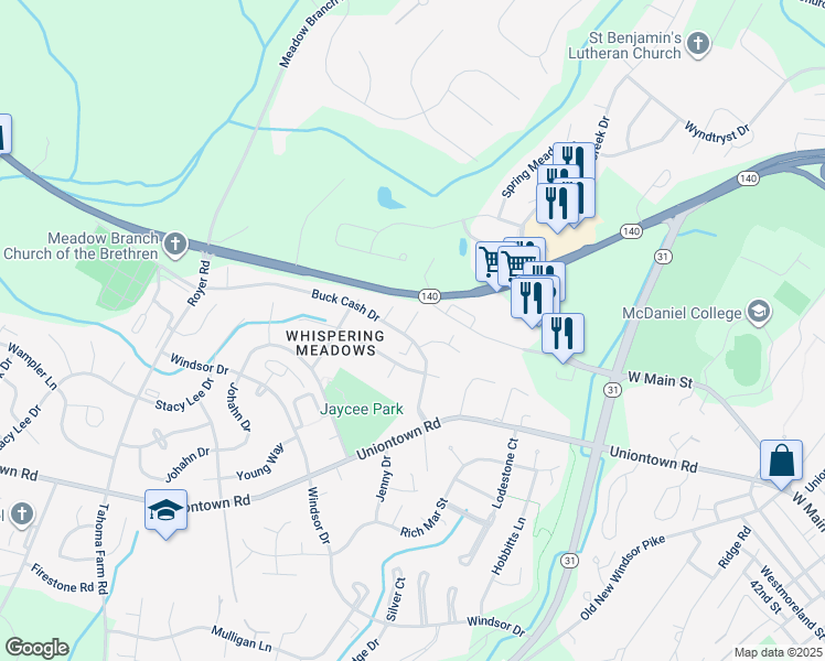 map of restaurants, bars, coffee shops, grocery stores, and more near 337 Buck Cash Drive in Westminster