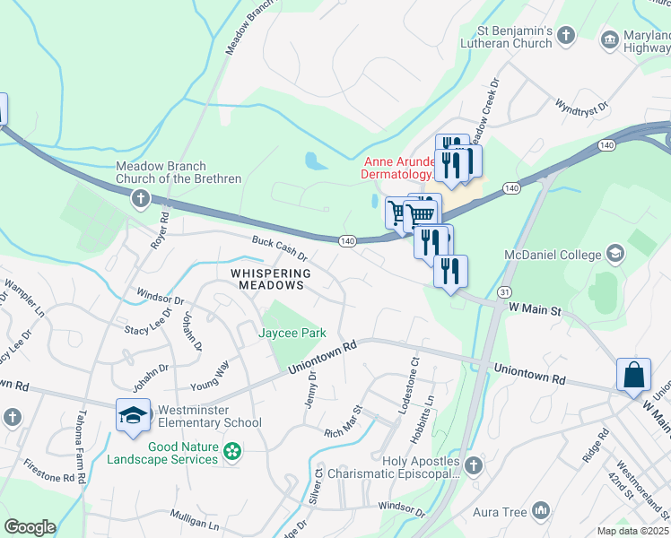 map of restaurants, bars, coffee shops, grocery stores, and more near 337 Buck Cash Drive in Westminster