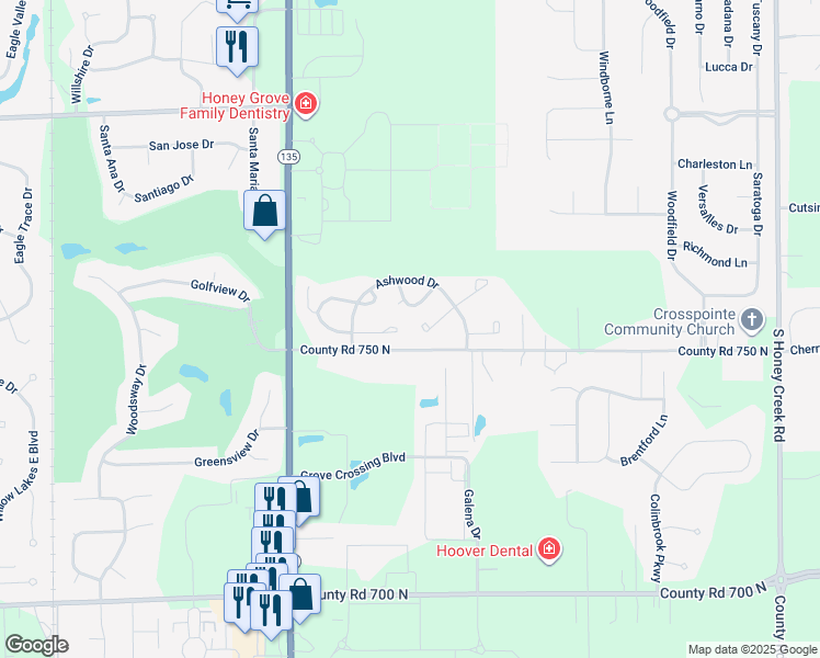 map of restaurants, bars, coffee shops, grocery stores, and more near 1619 Rosebud Lane in Greenwood