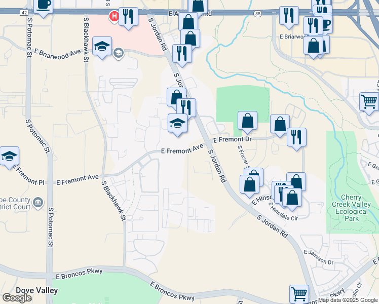 map of restaurants, bars, coffee shops, grocery stores, and more near 16360 East Fremont Avenue in Centennial