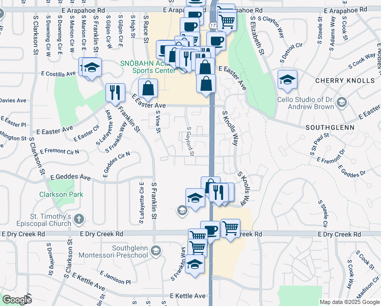 map of restaurants, bars, coffee shops, grocery stores, and more near 7275 South Gaylord Street in Centennial